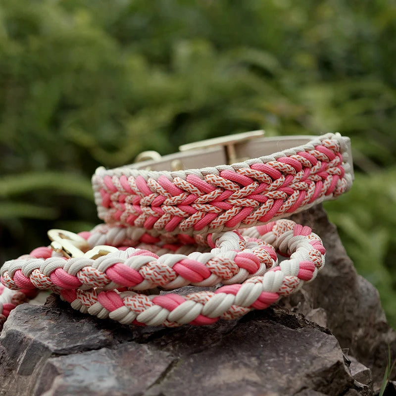 Luxury Rope Woven Dog Collar Braided Paracord Collar Adjustable Cable Knit Leather Nylon Pet Dog Collar
