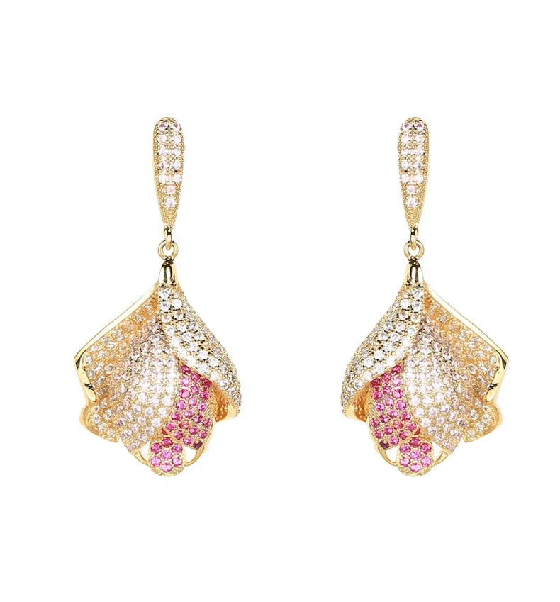 Factory Custom Luxury Gold Plated Trendy Flower Stud Earring with Micro-set Zirconia for Unisex Anniversary