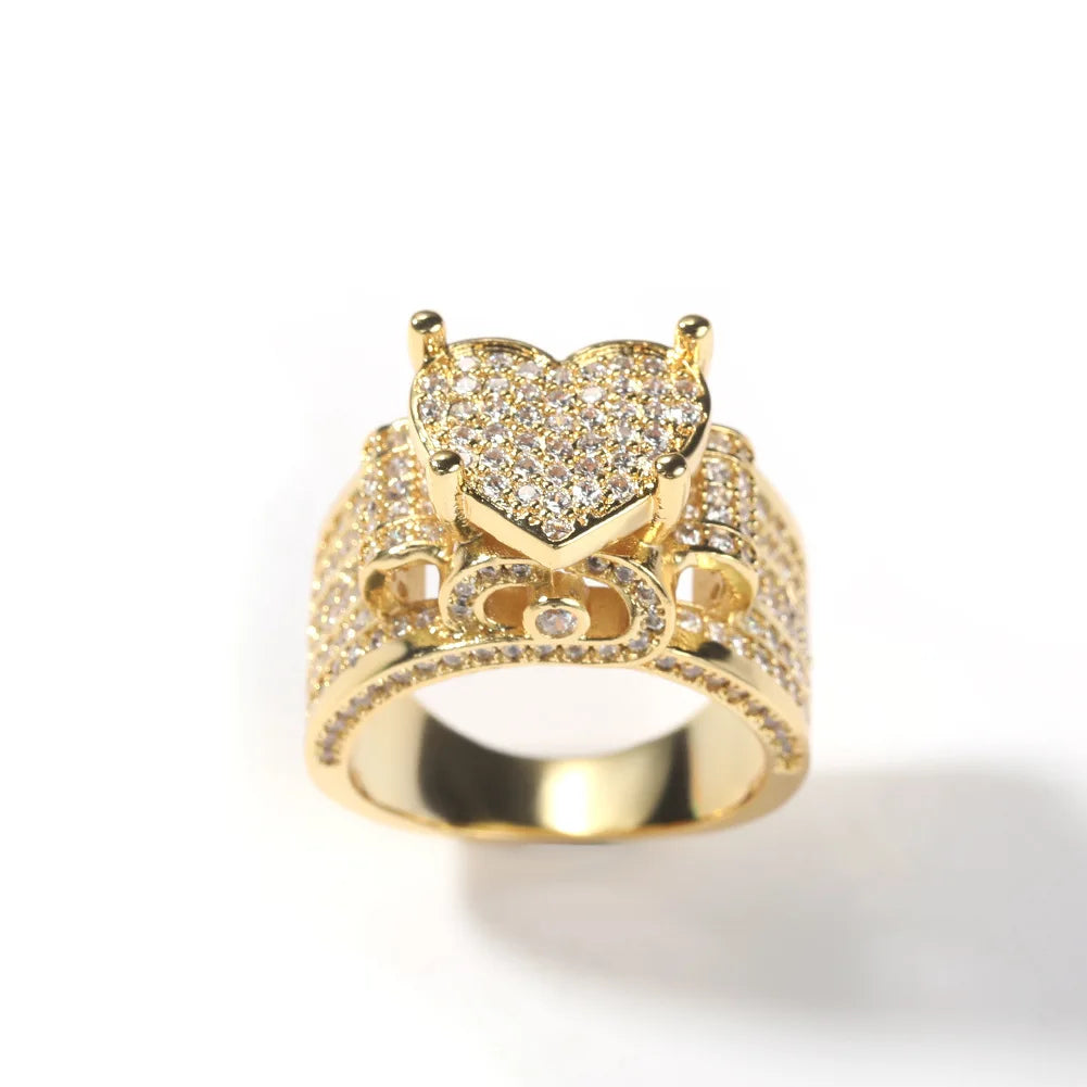 Trendy Unisex 20mm White Gold Retro Brass Heart Zircon Ring New 2021 Jewelry with Ice Cut Men's Finger Ring Unisex Copper Rings