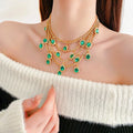 Multi-Layered Gold Plated Bohemian Style Green Crystal Rhinestone Necklace Link Chain Multi-Strand Statement Bridal Choker