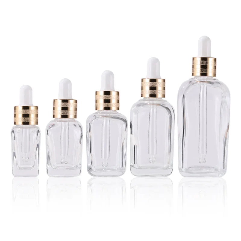 Customized logo square 30ml 50ml Skincare Essential Oil clear 1oz Cosmetic Dropper Bottle with Aluminum Lid