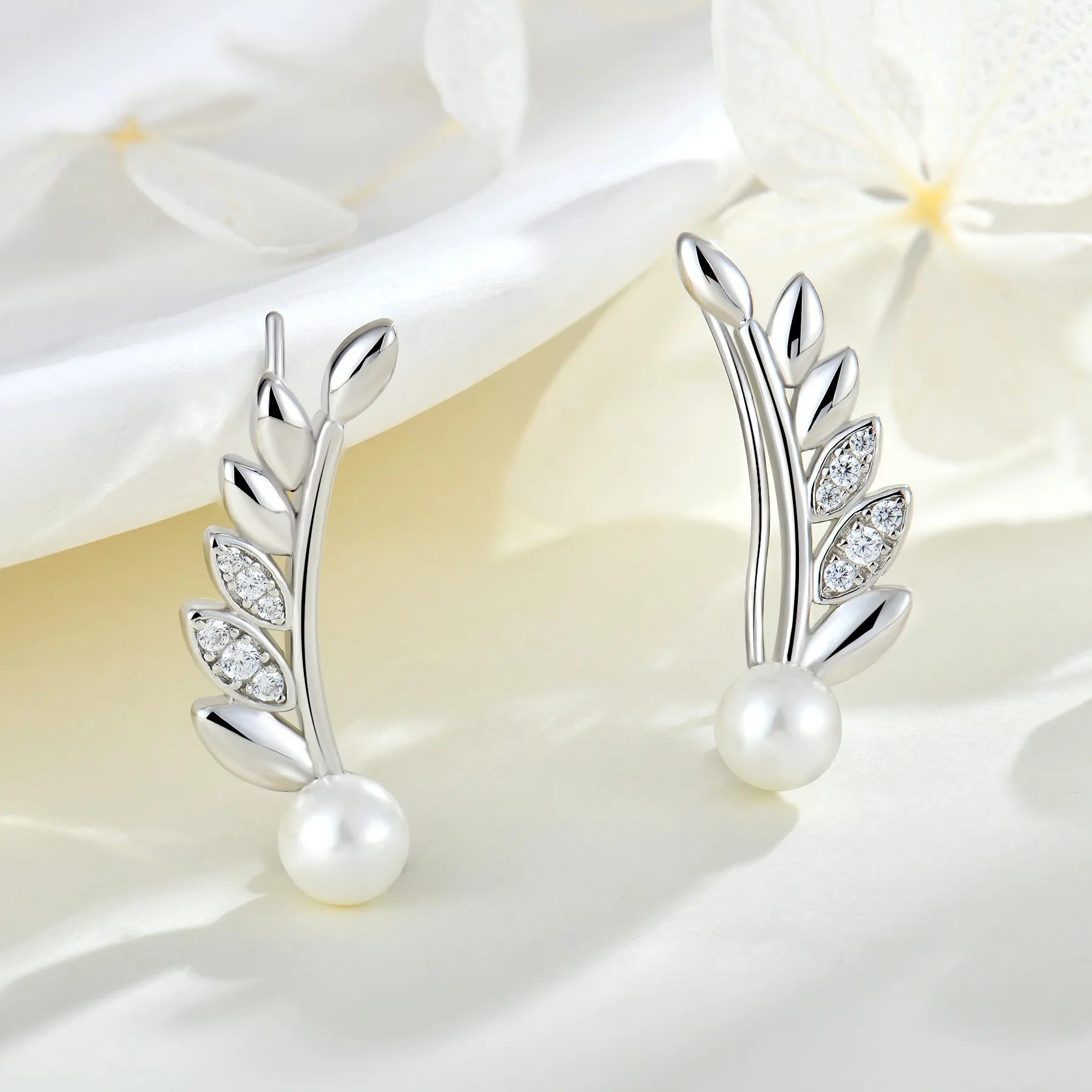 925 Sterling Silver Ear Cuff Leaf Crawler Climber and Threader Mother of Pearl Earrings for Women Teens Girls