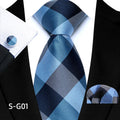 Blue Polyester Jacquard Check Mens Tie Pocket Square Cufflinks Set Lattice Plaid Necktie for Male Wedding Business Party Gift