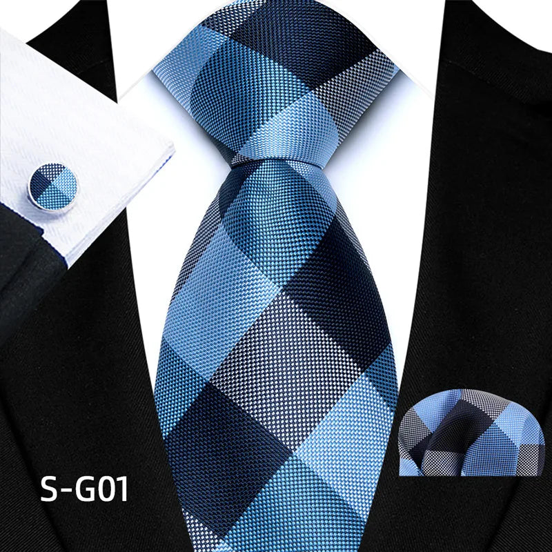 Blue Polyester Jacquard Check Mens Tie Pocket Square Cufflinks Set Lattice Plaid Necktie for Male Wedding Business Party Gift