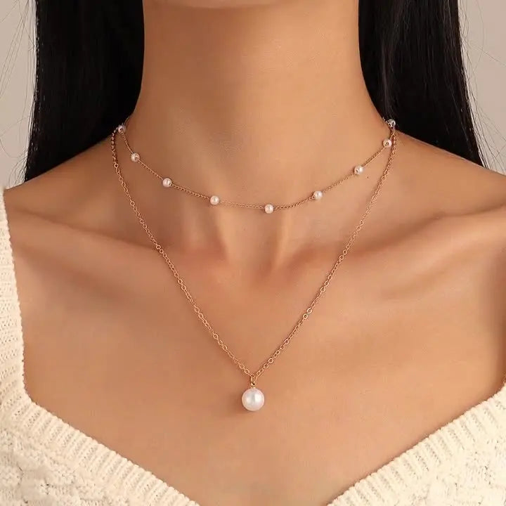 SC New Style Fashion Gold Silver Layered Necklace Simple Faux Pearl Choker Necklace Vintage Dainty Pearl Necklace for Women