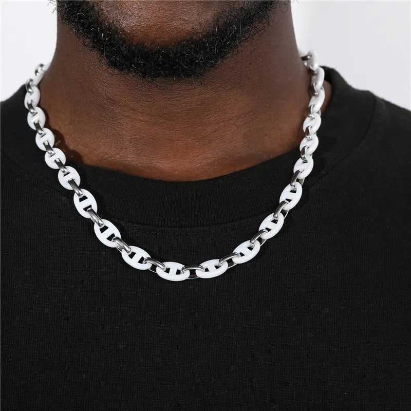 Fashion Pig Nose Bracelet Hip Hop Jewelry 10mm Waterproof Stainless Steel Coffeebean Link Chain Ceramic Bracelet Necklace Set