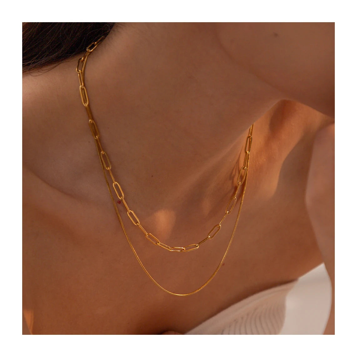 ERESI INS Style Waterproof 18K Gold Stainless Steel Jewelry Gift Double Layer Mulit Link Chain Choker Snake Necklace for Women