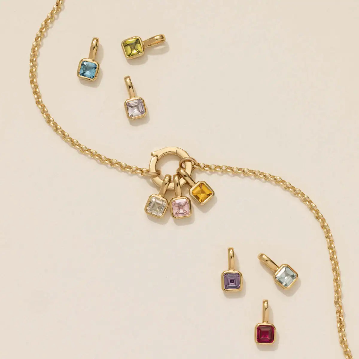 Fashion Simple Square Colorful Zircon 12 Birthstone Pendant Necklace 12 Months DIY Stainless Steel Gold Plated Jewelry Link Gift