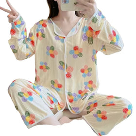 New Design Long Sleeve Set Milk Cotton Fabric Women's Pajamas Cute Print Home-wear Sets