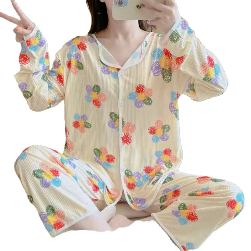 New Design Long Sleeve Set Milk Cotton Fabric Women's Pajamas Cute Print Home-wear Sets