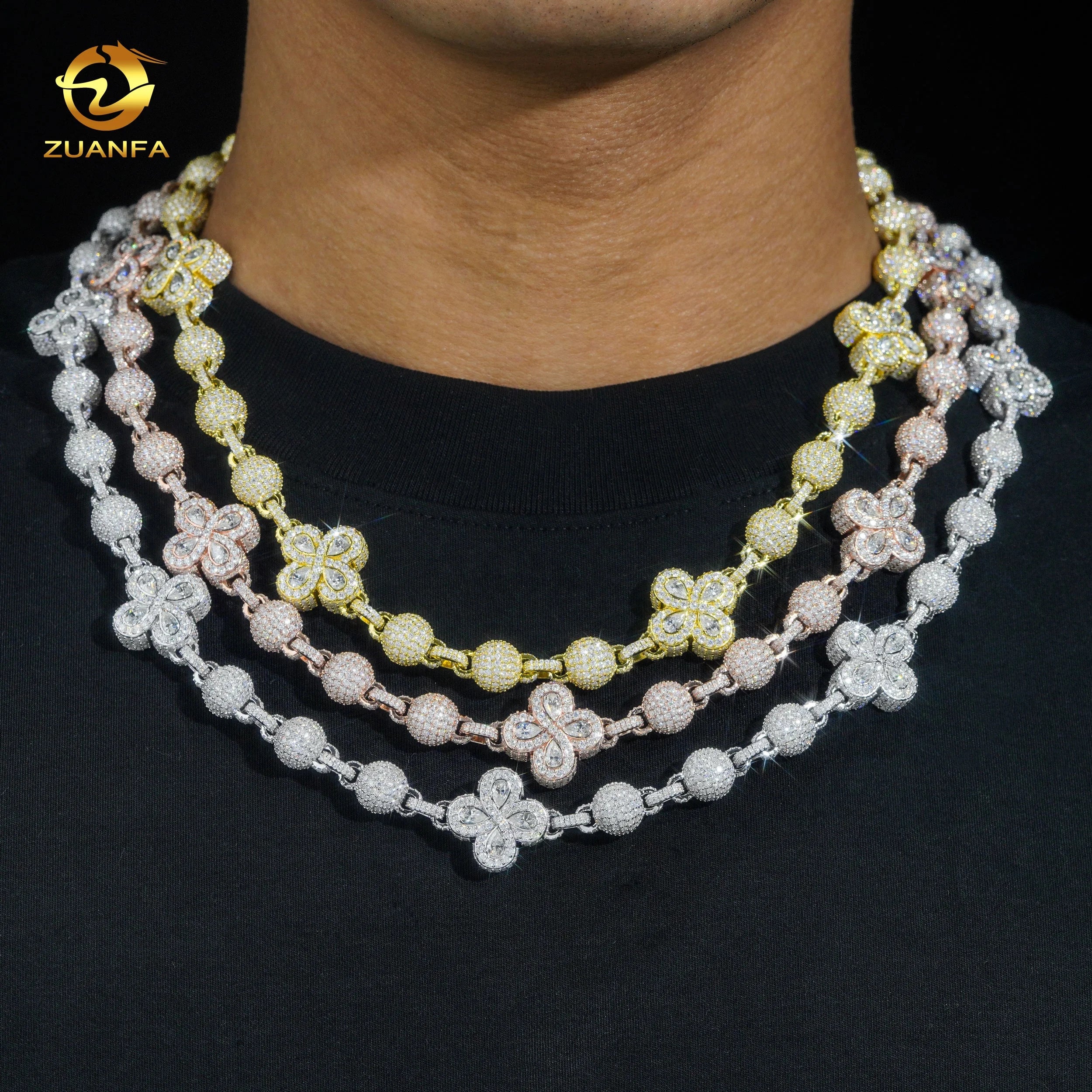 New Design Hip Hop GRA Certificate Fancy Shape Diamond Silver Necklace 10MM Ball Flower Mens Moissanite Cuban Link Chain
