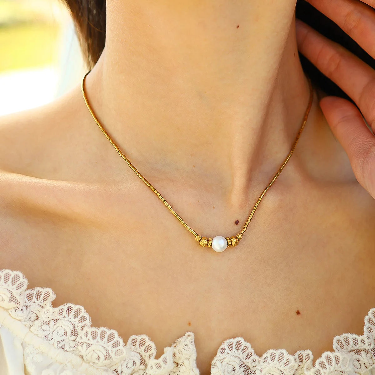 French Vintage Style 18K Gold Plated Jewelry Irregular Sphere Pearl Pendant Stainless Steel Necklace