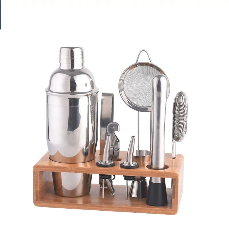 10-Piece 304 Stainless Steel Cocktail Set with Bamboo Stand Copper Jigger & Bar Tools-700ml Capacity Premium Gift for Bartenders
