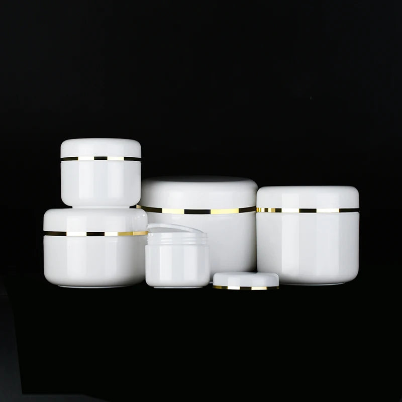 Plastic Cosmetic Container 10g 20g 30g 50g 100g 120g 150g 250g Face Cream Jar White PP Plastic Jar with Gold Edge