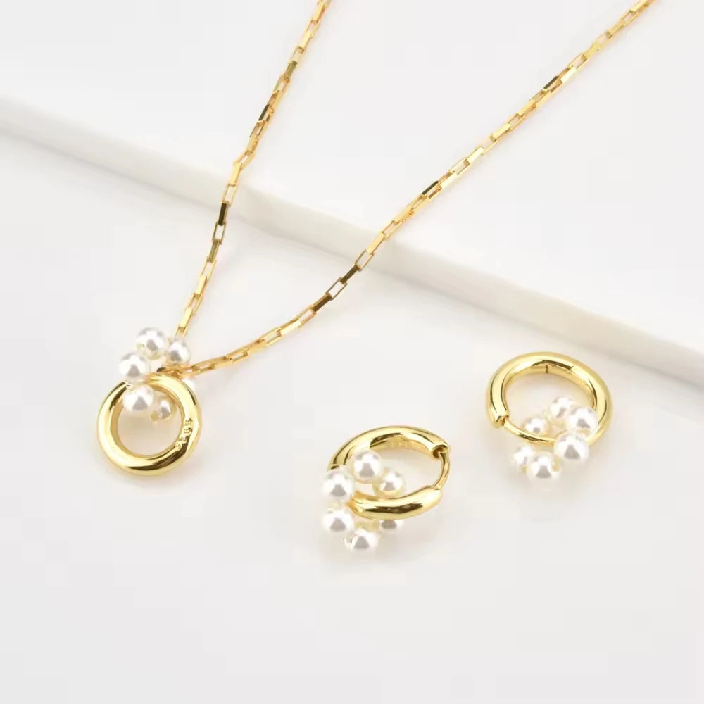 Fine Jewelry 925 Sterling Silver Gold Plated Freshwater Pearl Necklace and Hoop Earrings Set
