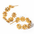 18K Gold Plated Stainless Steel Daisy Flower Hoop Earrings Hypoallergenic C Shaped Rhinestone Pearls Summer Jewelry Women