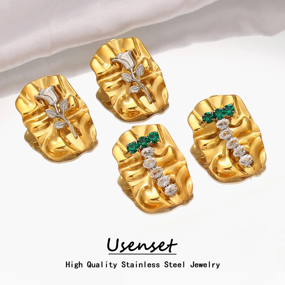High End 18K Gold Plated Big Rectangle Irregular Hammered Stainless Steel Stud Earrings Personalized Rose Zircon Jewelry