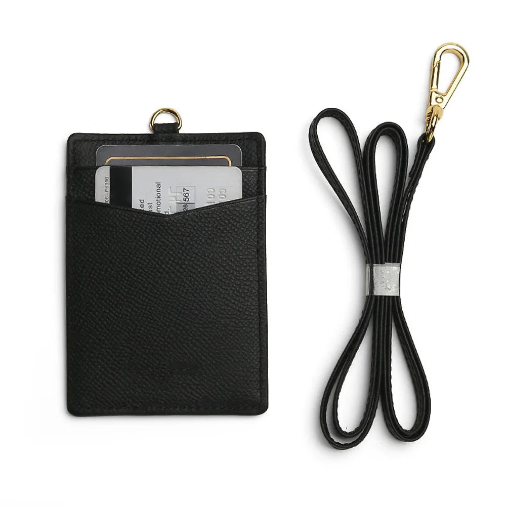 New Trendy Fashion Genuine Italian Cowhide Leather ID Card Badge Holder With Lanyard Card Wallet Business Name ID Card Holder