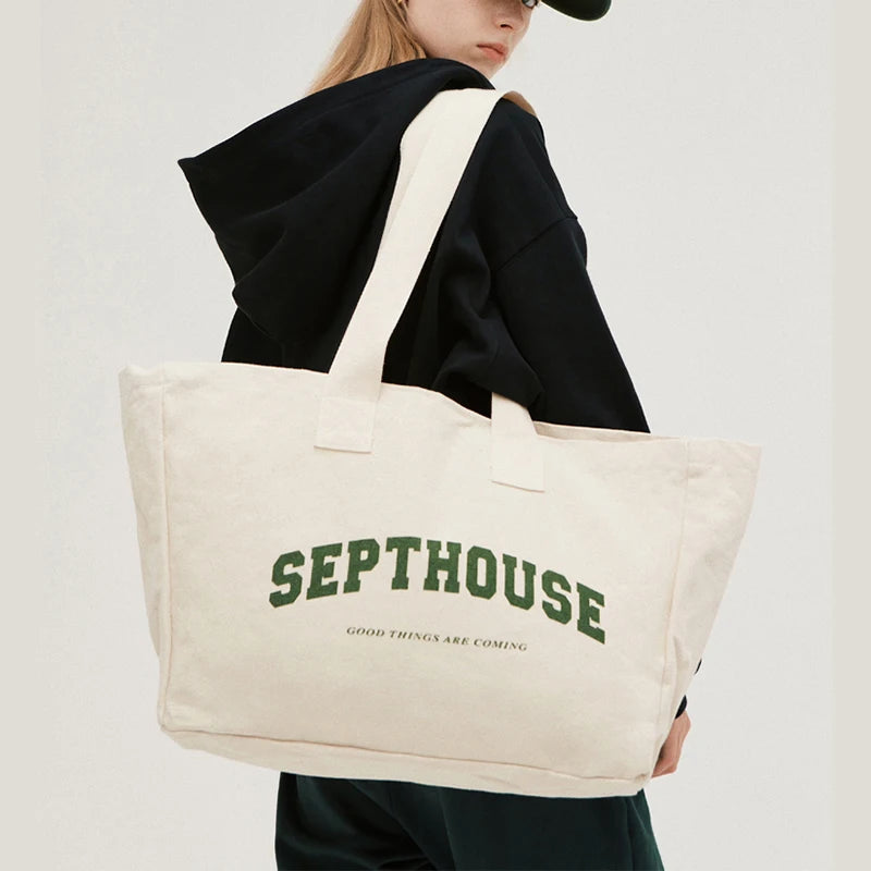 Reusable Customized Letter Logo Printed Shopping Cotton Canvas Active Lifestyle Sporty Tote Bag for Gym
