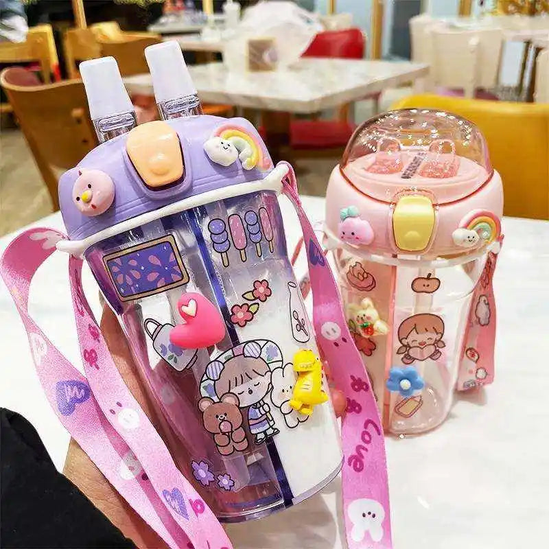 Wholesale 430ml  Children Cartoon Plastic Straws Water Bottle Kids Cute Double Drinking Water Bottle