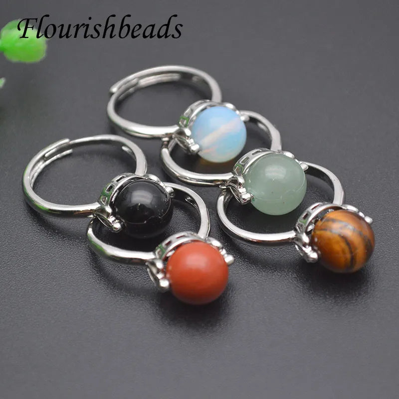 Fashion Natural Tiger Eye Green Aventurine Round Stone Beads Copper Open Rings for Women Girl