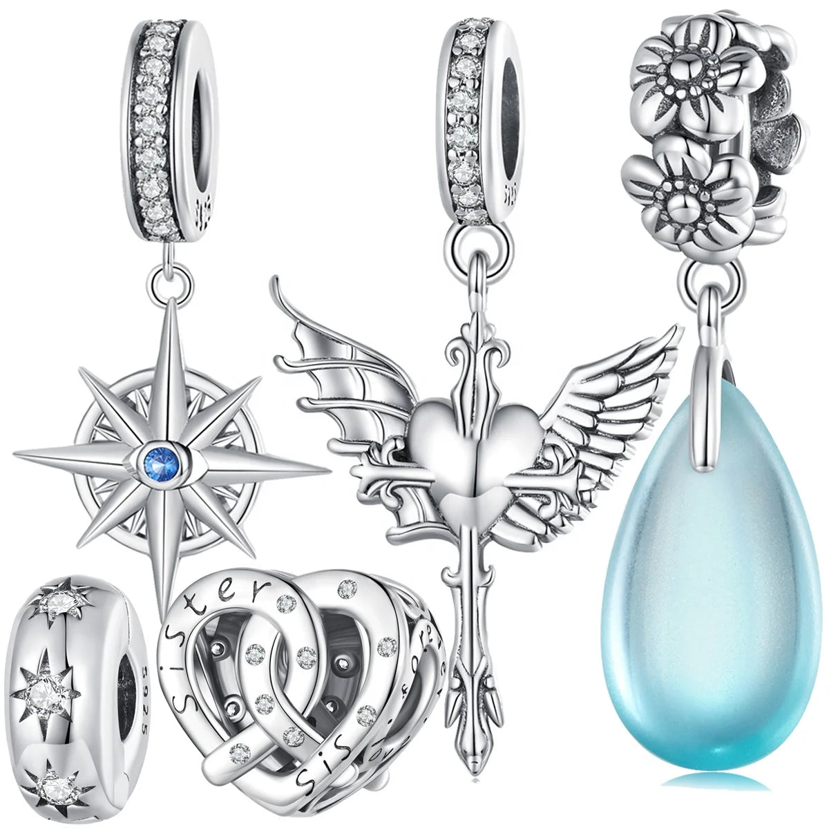 925 Sterling Silver Vintage Sister Heart Beads Charm Angel With Demon Pendant Fit Bracelet DIY Necklace Women Fine Jewelry