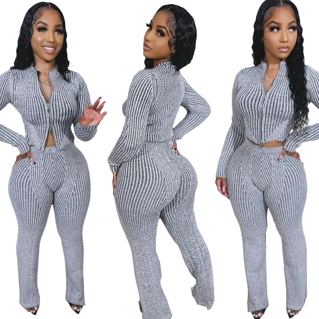 Autumn Winter New Women Sweater Set Knitted Long Sleeves Front Zipper O Neck Crop Top With Long Pants Women Two Piece Set