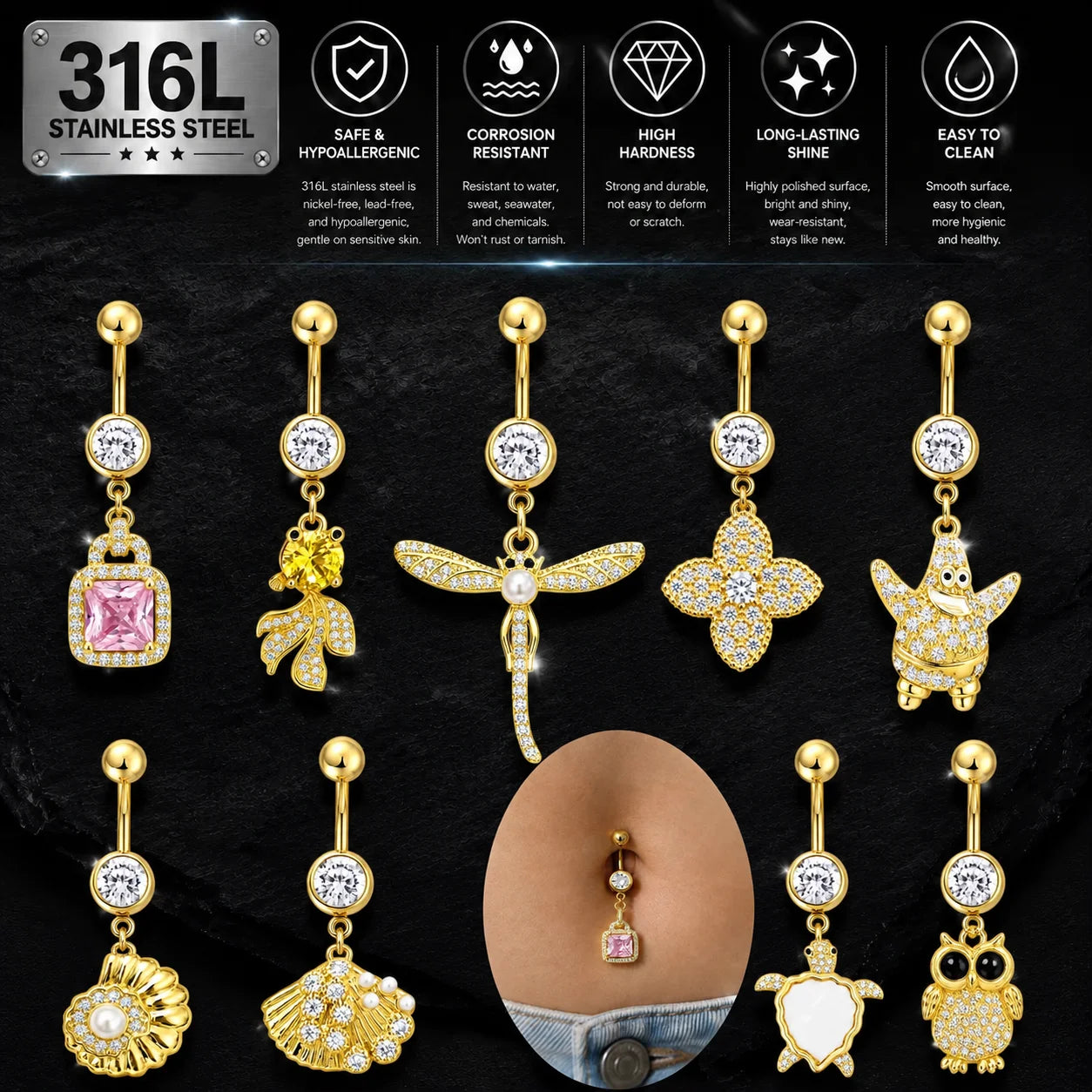 CRYSPURE 316L Surgical Stainless Steel CZ Dangle Belly Button Rings Gold Plated Cute Charm Navel Piercing Body Jewelry for Women