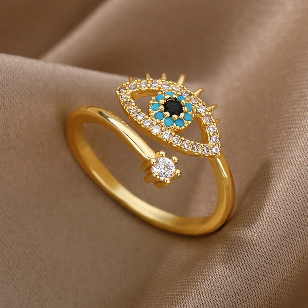 Blue Zircon Evil Eyes Rings for Women Turkish Style Open Stainless Steel Lucky Finger Ring Wedding Couple Jewelry Anillos Mujer