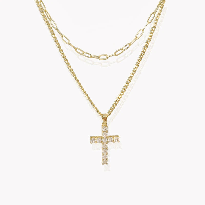 18K Gold Plated Dainty Multi-Layered Chain Necklace Religious Cross Pendant Women's Faith Pendant Featuring Diamond Pearl