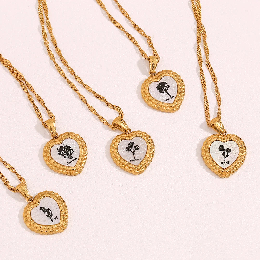 Gold Stainless Steel Ladies Necklace Water Wave Chain Natural Shell Heart Floral Charms Trendy Wedding Jewellery Diamond Pearl