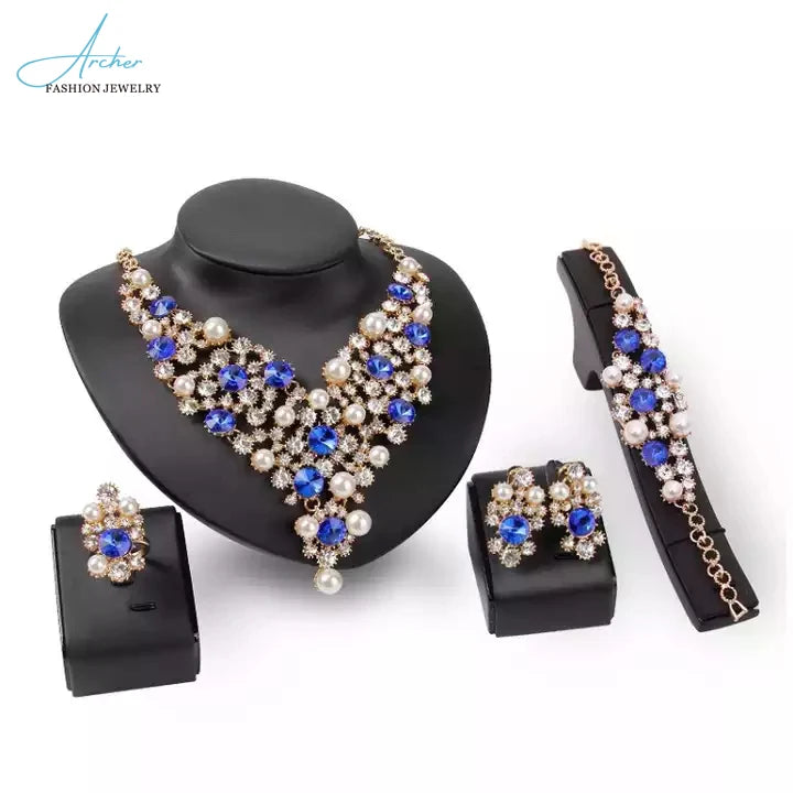 Women's 4-Pc Luxury Bridal Jewelry Set Dubai Crystal Multi-Pearl Wedding Gift Custom 18K Gold Inspired African Saudi Fashion