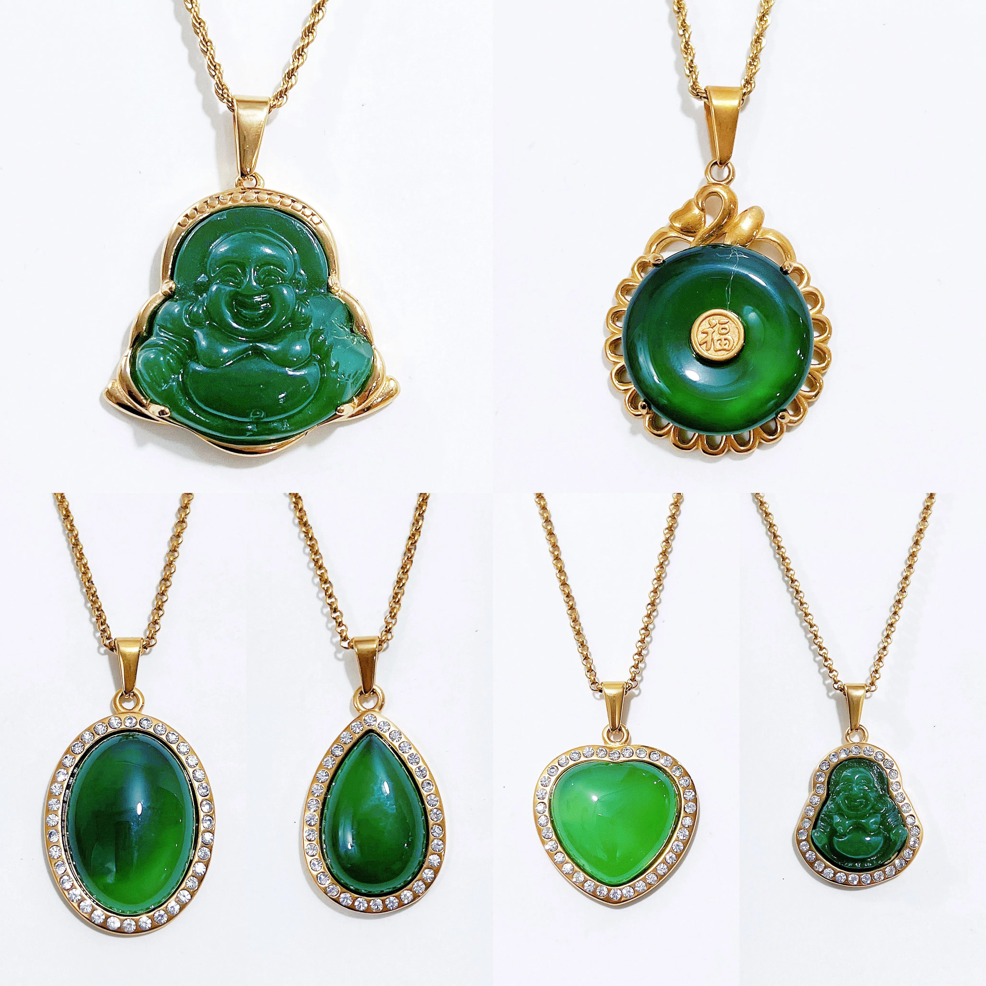 Hiphop Jewelry Pendant Religious Green Jade Buddha Necklace Iced Out Bling Cubic Zirconia Laughing Buddha Pendant Necklace Men