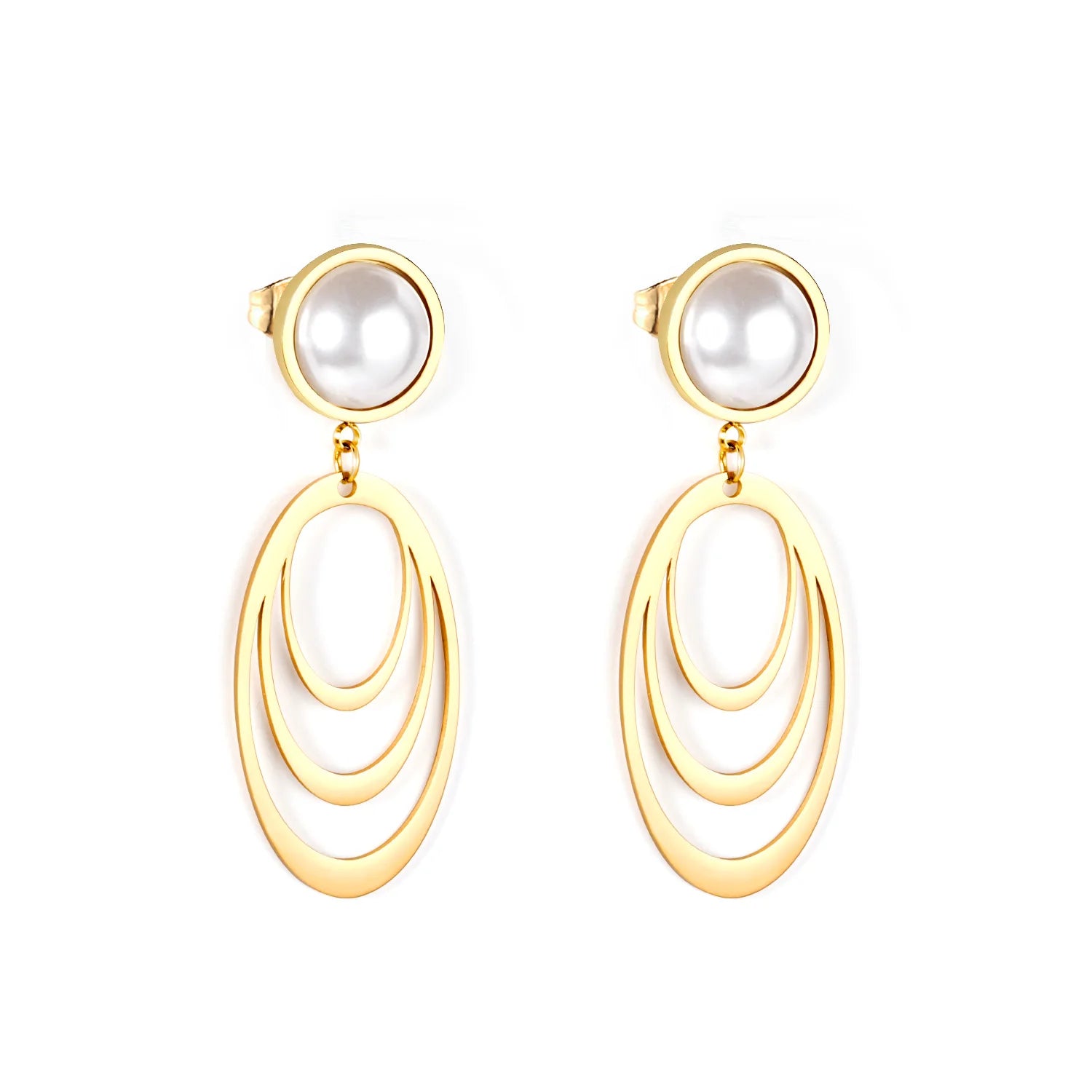 Stainless Steel Jewelry 18K Gold Plated Pearl Drop Earrings Double Oval Hoop Dangles Round Pearl Statement Earrings for Women