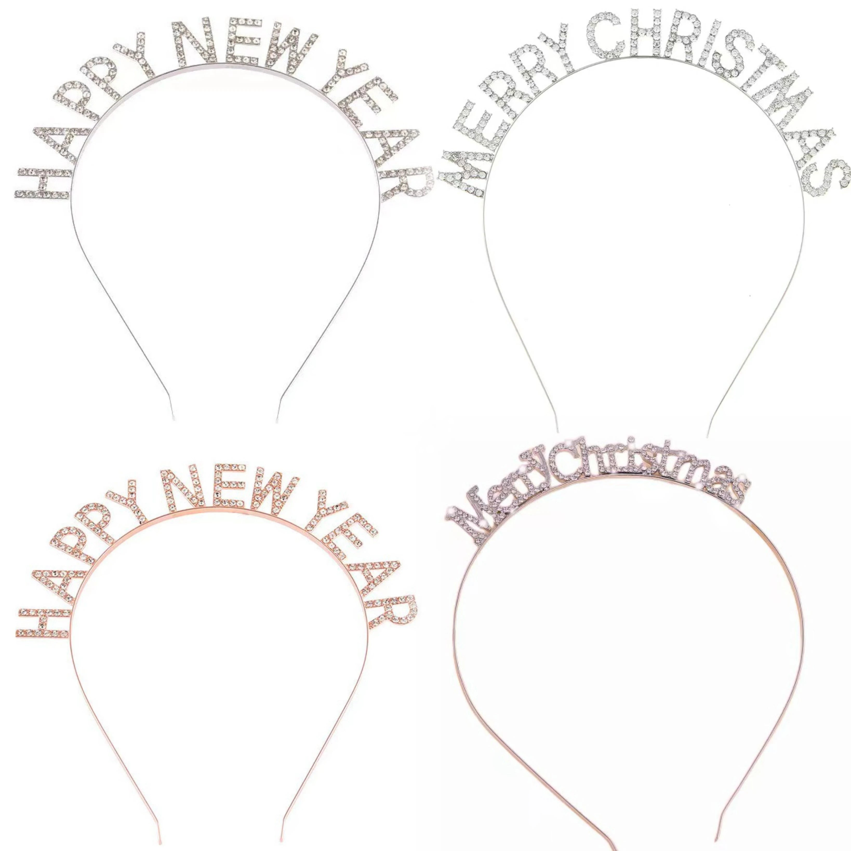 Letters Happy New Year Diamond Headbands Metal Girl Christmas Diamond Tiara Headpiece