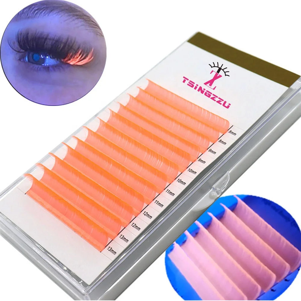 Glow Dark Lashes 0.03/0.05mm Colored Lash Fans Private Label Neon Color PBT Material Natural Long Eyelash Extension Strips Trays