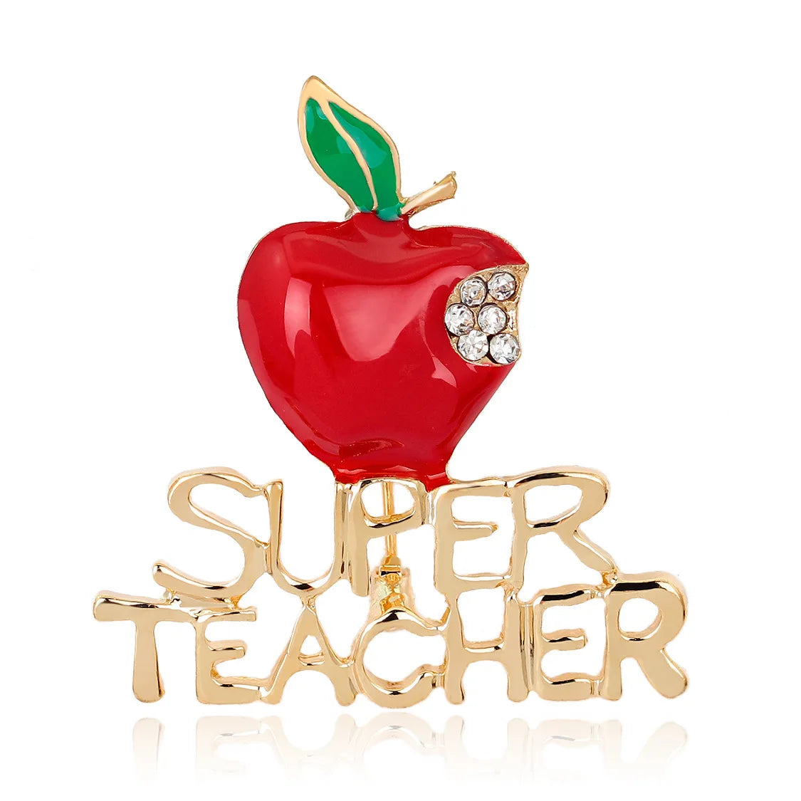 Wholesale Enamel apple Shape Rhinestone Letter SUPER TEACHER Brooches Pin for Gift