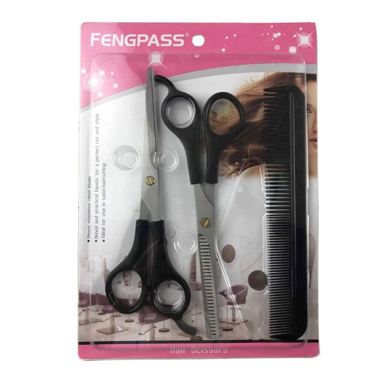 FENGPASS Black Hair Cutting Scissors Thinning Shears Kit Stainless Steel Barber Scissors Set for Hairdresser Haircut