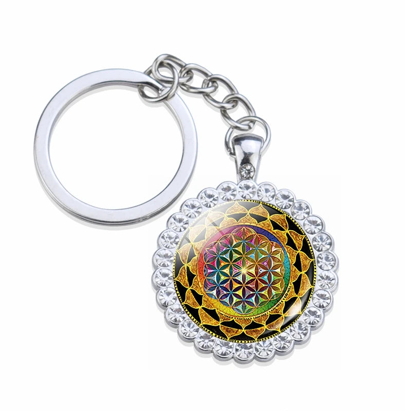 Women Handmade Crystal Yantra Key Chain Ring Custom Logo Rhinestone Bags Pendant Yoga Souvenir Gift Mandala Keychain