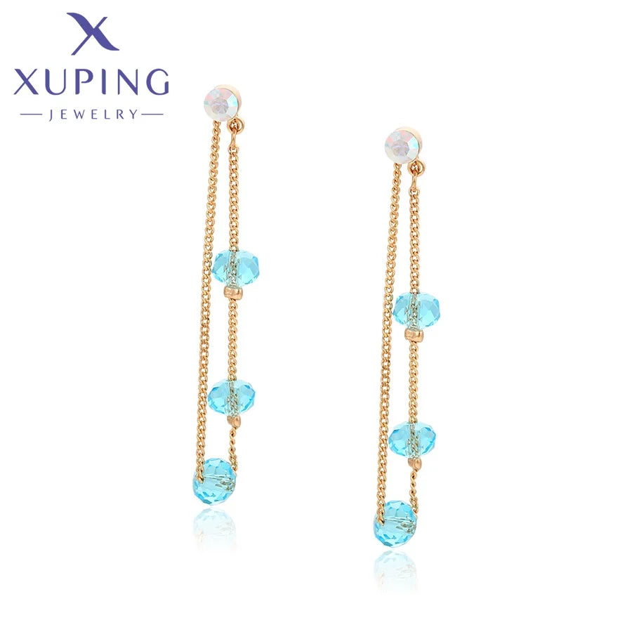 Spot Goods X000822905 Xuping Jewelry Fashion Long Chain and Blue Artificial Crystal Long Drop Women Earrings