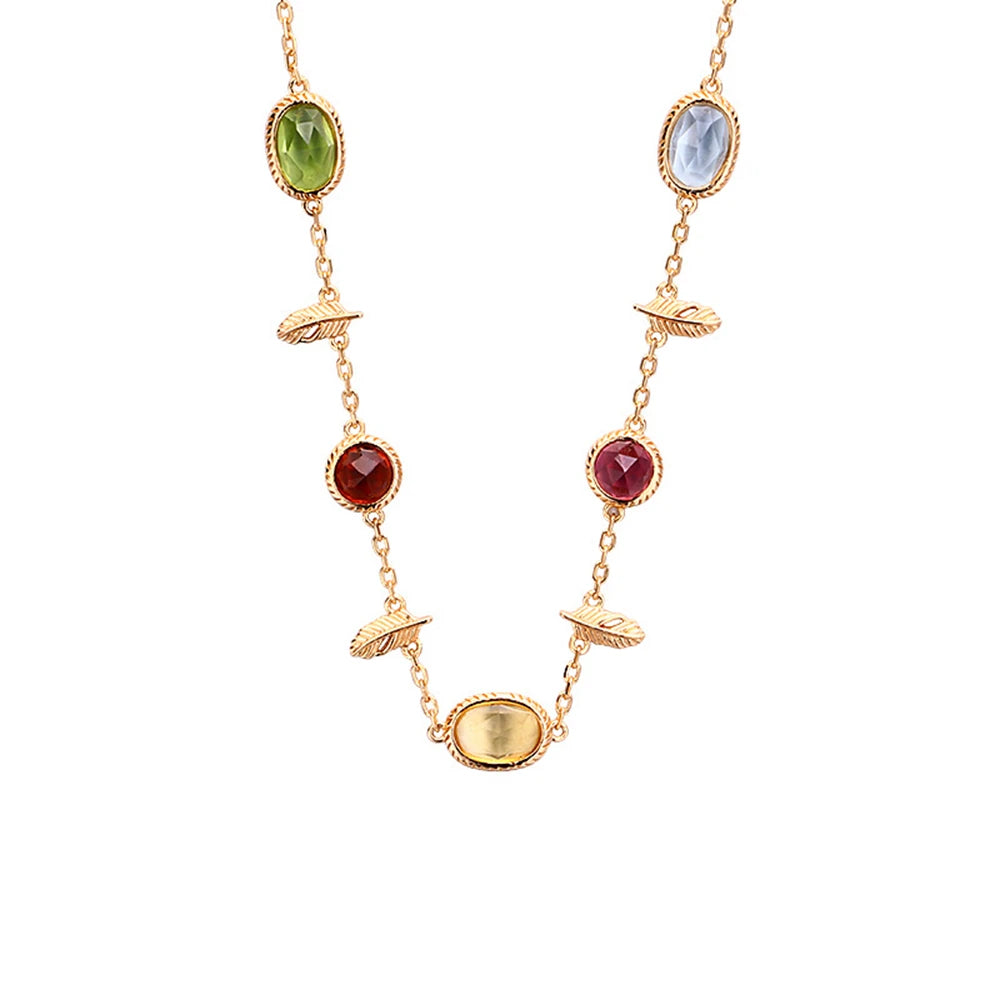 Gemstone Series Many Gems Natural Crystal Citrine Blue Topaz Green Olives Red Pomegranate Feather Necklace 925 Silver