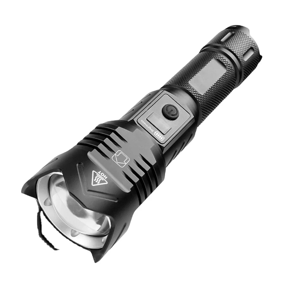 Helius High Power XHP90 Flashlight Telescopic Zoom Input Output LCD Screen Flashlight Attack Head Strong Light Torch for Camping
