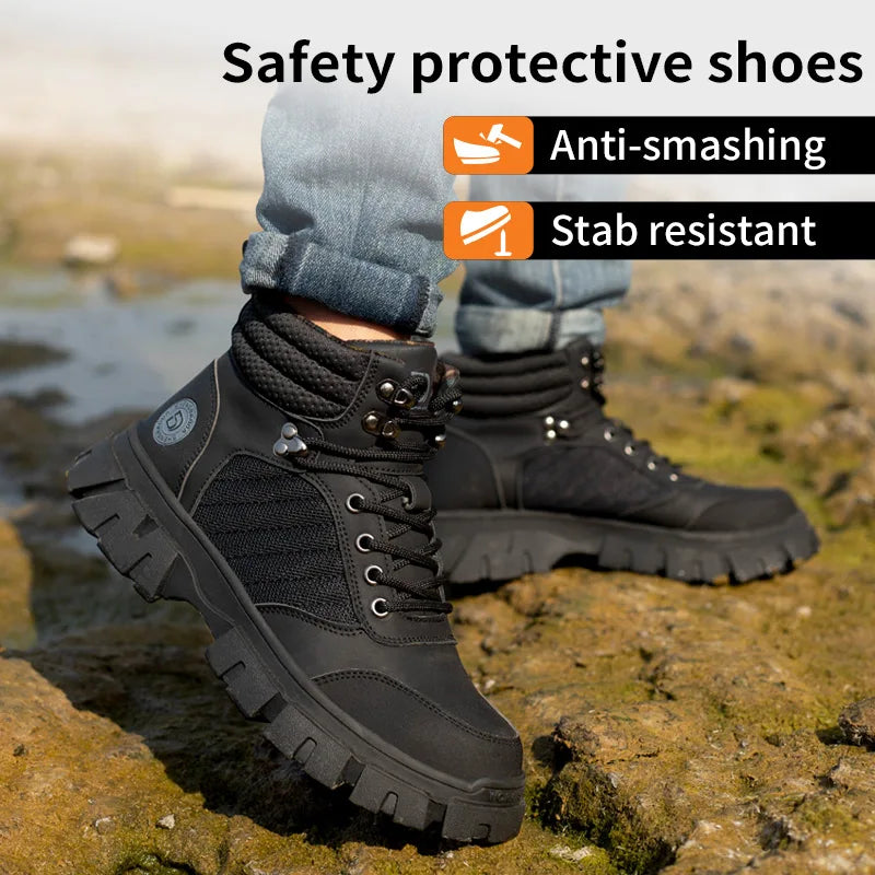 AMAWEI Unisex Work Safety Shoes for Winter Summer Spring Autumn Anti-Puncture Anti- Smashing Leather Upper with Steel Toe