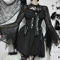 Gothic Sexy Lace Mesh Flared Long Sleeve Smock Y2K Vintage Black See Through Cover-ups T-Shirts Grunge Summer Women Streetwear