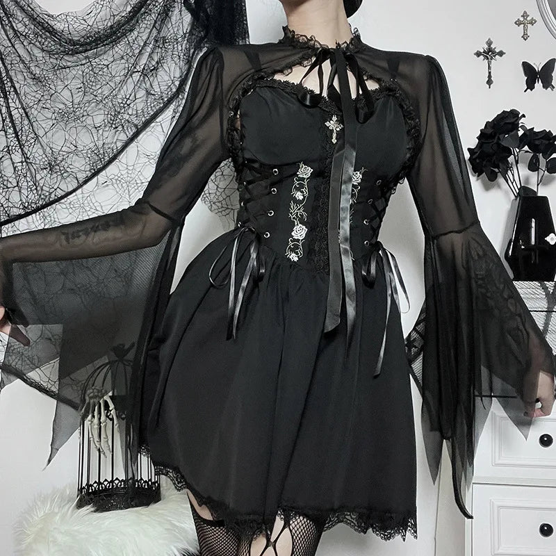 Gothic Sexy Lace Mesh Flared Long Sleeve Smock Y2K Vintage Black See Through Cover-ups T-Shirts Grunge Summer Women Streetwear
