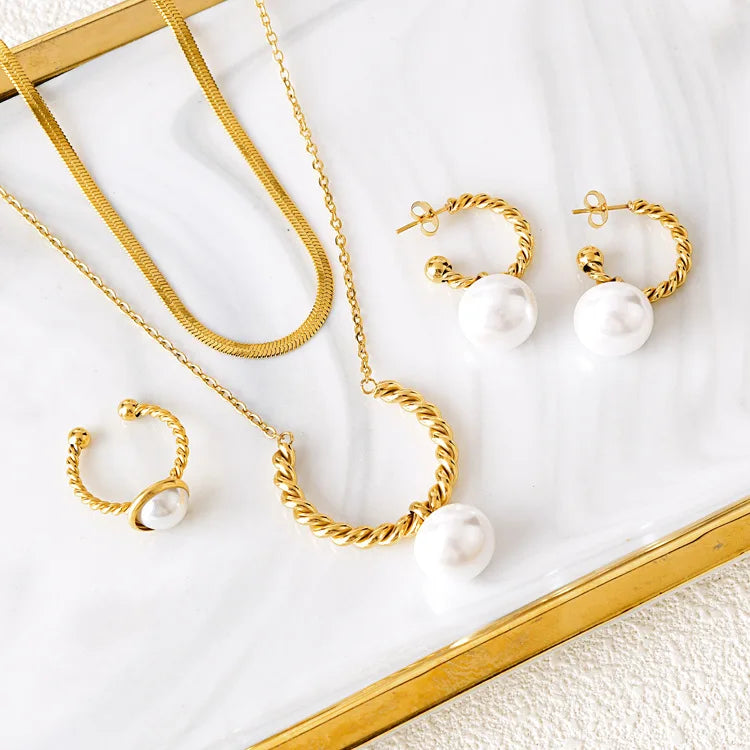 Korean Multilayers Snake Chain Choker Necklace Twist Round Gold Plated Stainless Steel Earrings Ring Necklace Pearl Jewelry Sets