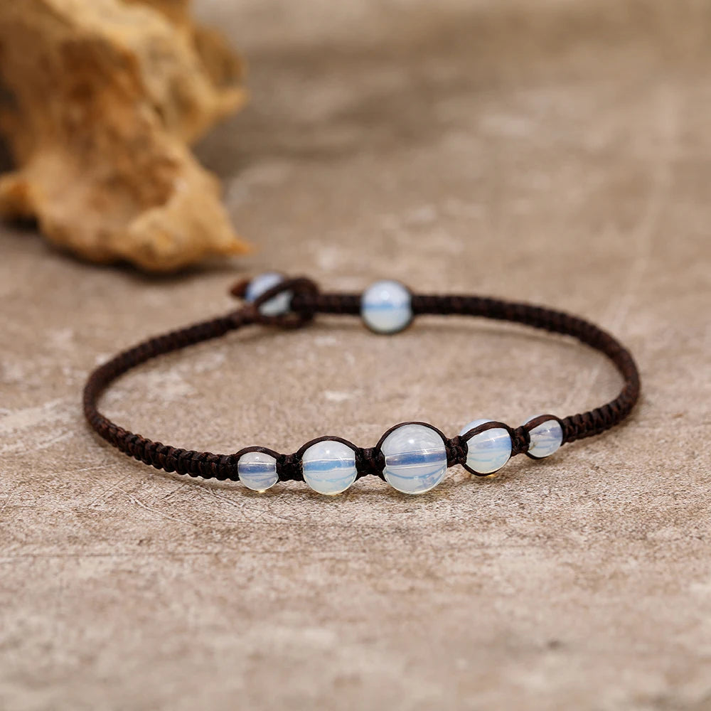 Handmade Ethnic Ankle Bracelet for Men Women Wholesale Macrame Wax Cord Woven Opal Stone Beads Adjustable Moonstone Minimalist