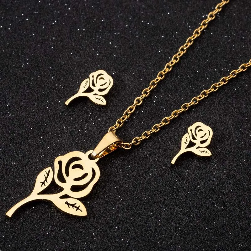 High Quality 18k Gold Plated  Necklace Set Women's Stainless Steel Rose Flower Necklace Earring Set Three-piece Jewelry Set