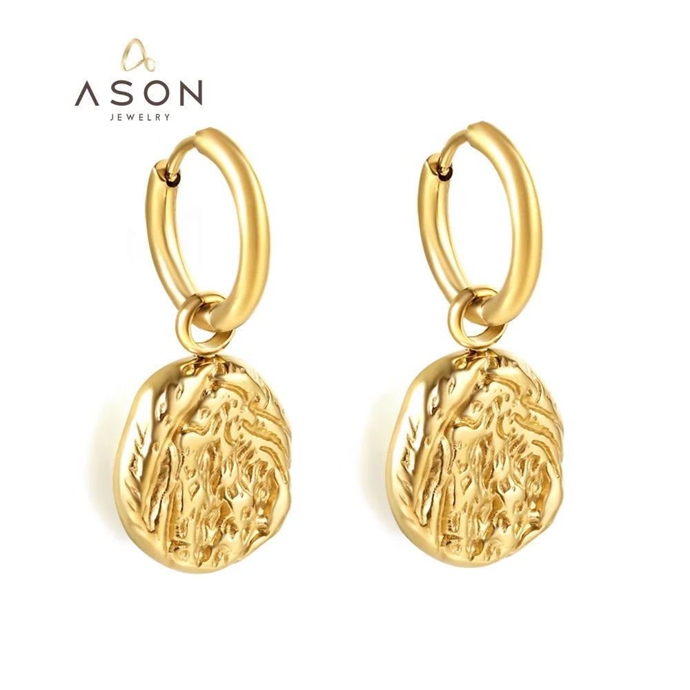 Ason Fashion Jewelry Stainless Steel 18k Gold Plated Jewelry Dangle Irregular Coarse Texture Round Shape Hoop Earrings for Women