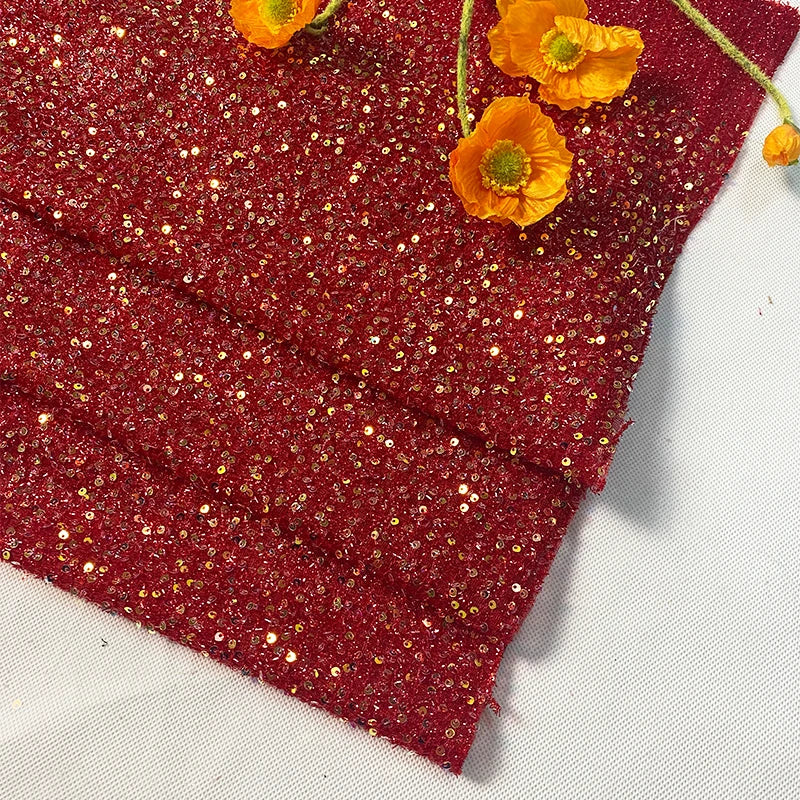 Various Type Polyester Light Weight Embroidered Seersucker Art Deco Red Sequin Fabric for Bridal Dress for Bags Shoes Weddings